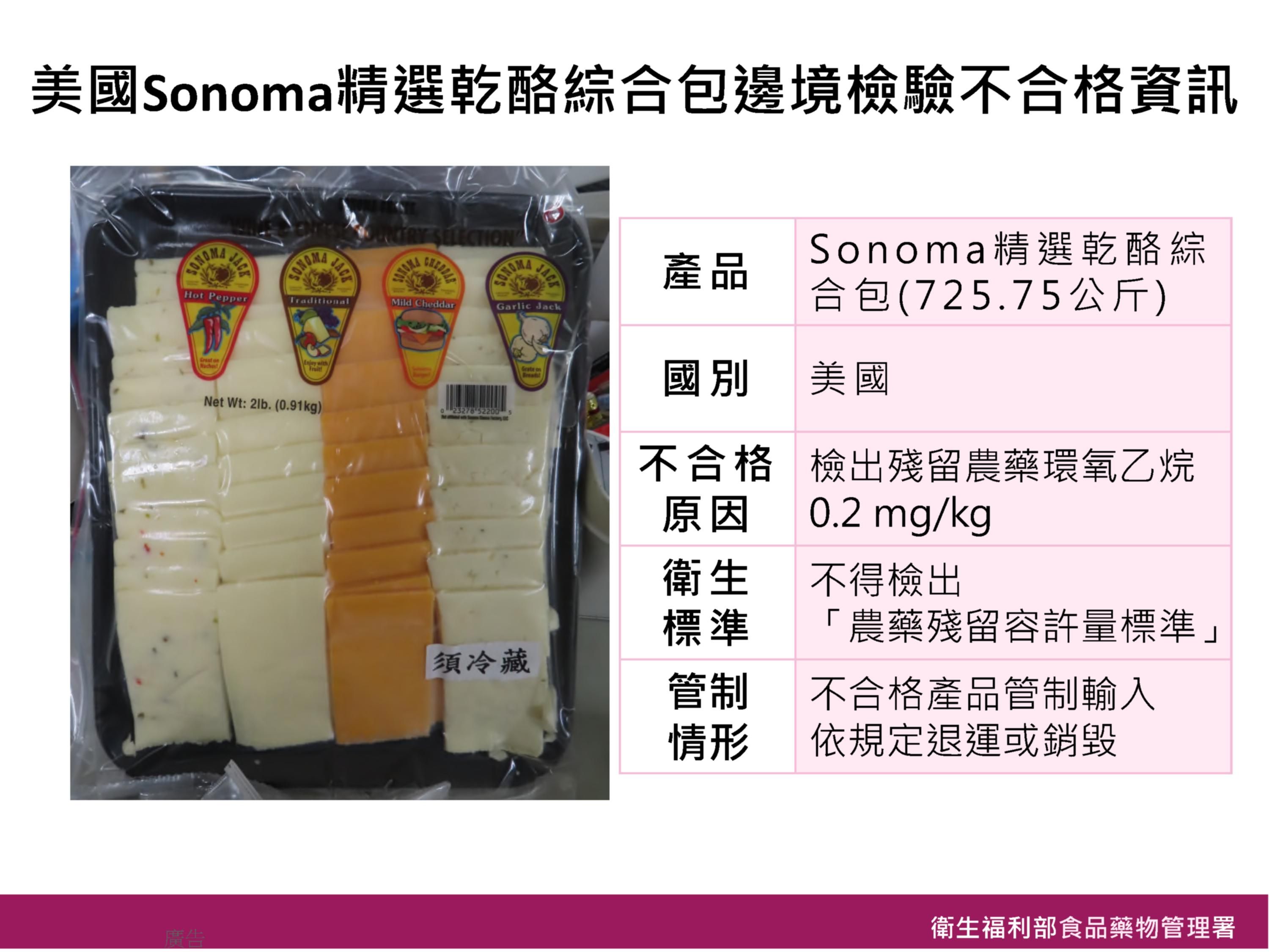 ▲▼好市多「Sonoma精選乾酪綜合包」檢出殘留農藥環氧乙烷。（圖／食藥署提供） 