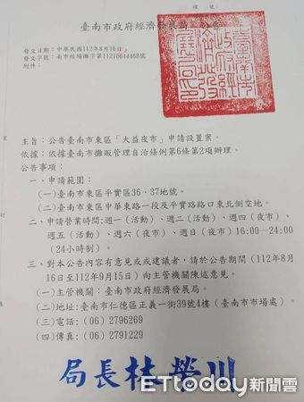 ▲位於台南南紡購物中心對面的「大益夜市」，向台南市政府夜市審議委員會提出申請，初步審查已通過，台南市市場處17日貼出公告，公告期1個月。（圖／記者林東良翻攝，下同）