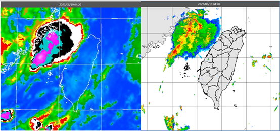 ▲▼左圖：今(19日)晨4：20紅外線色調強化雲圖顯示，台灣海峽北部對流雲系接近中。右圖：19日4：20雷達回波合成圖顯示，對流雲系伴隨線狀回波。。（圖／三立準氣象.老大洩天機）