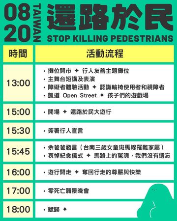 ▲▼「行人零死亡推動聯盟」20日下午在凱達格蘭大道舉行「還路於民」大遊行。（圖／行人零死亡推動聯盟）