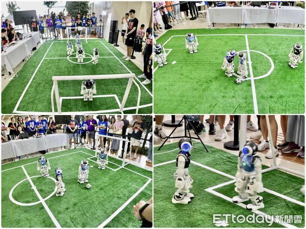 ▲第八屆海峽兩岸青少年創客大賽會場上人工智慧機器人「RoboCup機器人足球表演賽」熱烈開踢。（圖／記者趙禕攝）
