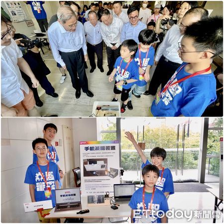 ▲九歲的呂瑋宸為參觀的嘉賓們現場演示他們團隊創作的作品「手機減幅裝置」。（圖／記者趙禕攝）