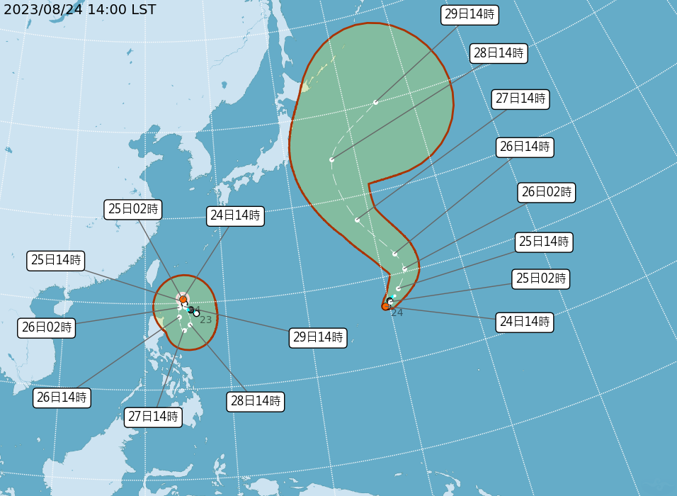 ▲▼最快明天海上就會出現兩個颱風蘇拉、丹瑞。（圖／氣象局）