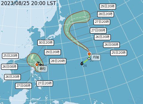 ▲蘇拉、丹瑞8/25晚間8點最新位置。（圖／氣象局）