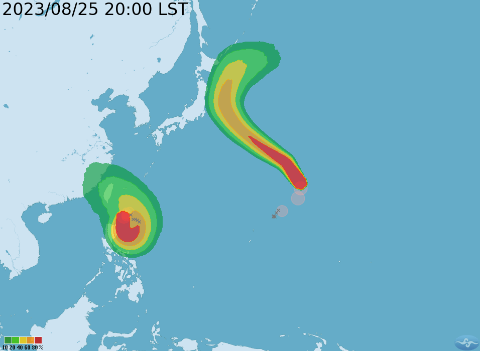 ▲蘇拉、丹瑞8/25晚間8點最新位置。（圖／氣象局）