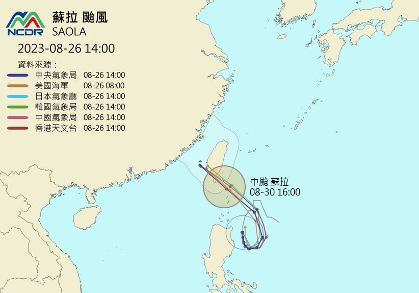 ▲▼蘇拉路徑預測，各國趨於一致。（圖／NCDR） 