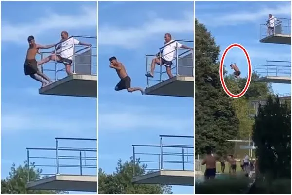 ▲▼年輕男子似乎懼高，救生員卻直接將他從10公尺高跳台踹入泳池。（圖／翻攝自Facebook／Gabi Kwiatkowski）
