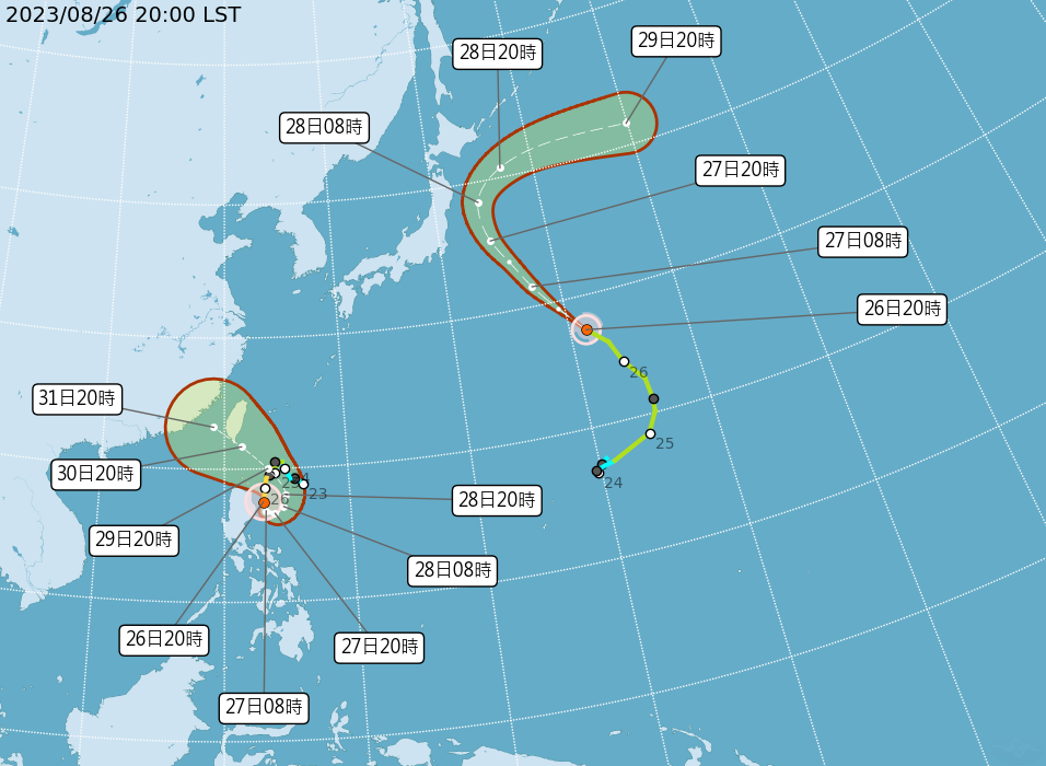 ▲蘇拉、丹瑞8/26晚間8點最新位置。（圖／氣象局，下同）