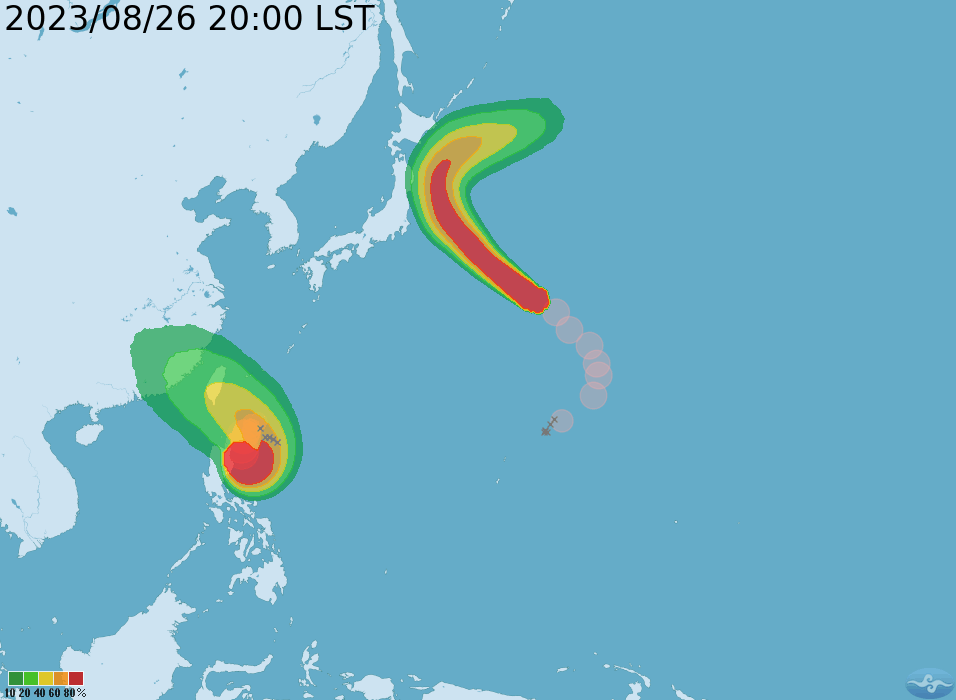 ▲蘇拉、丹瑞8/26晚間8點最新位置。（圖／氣象局，下同）