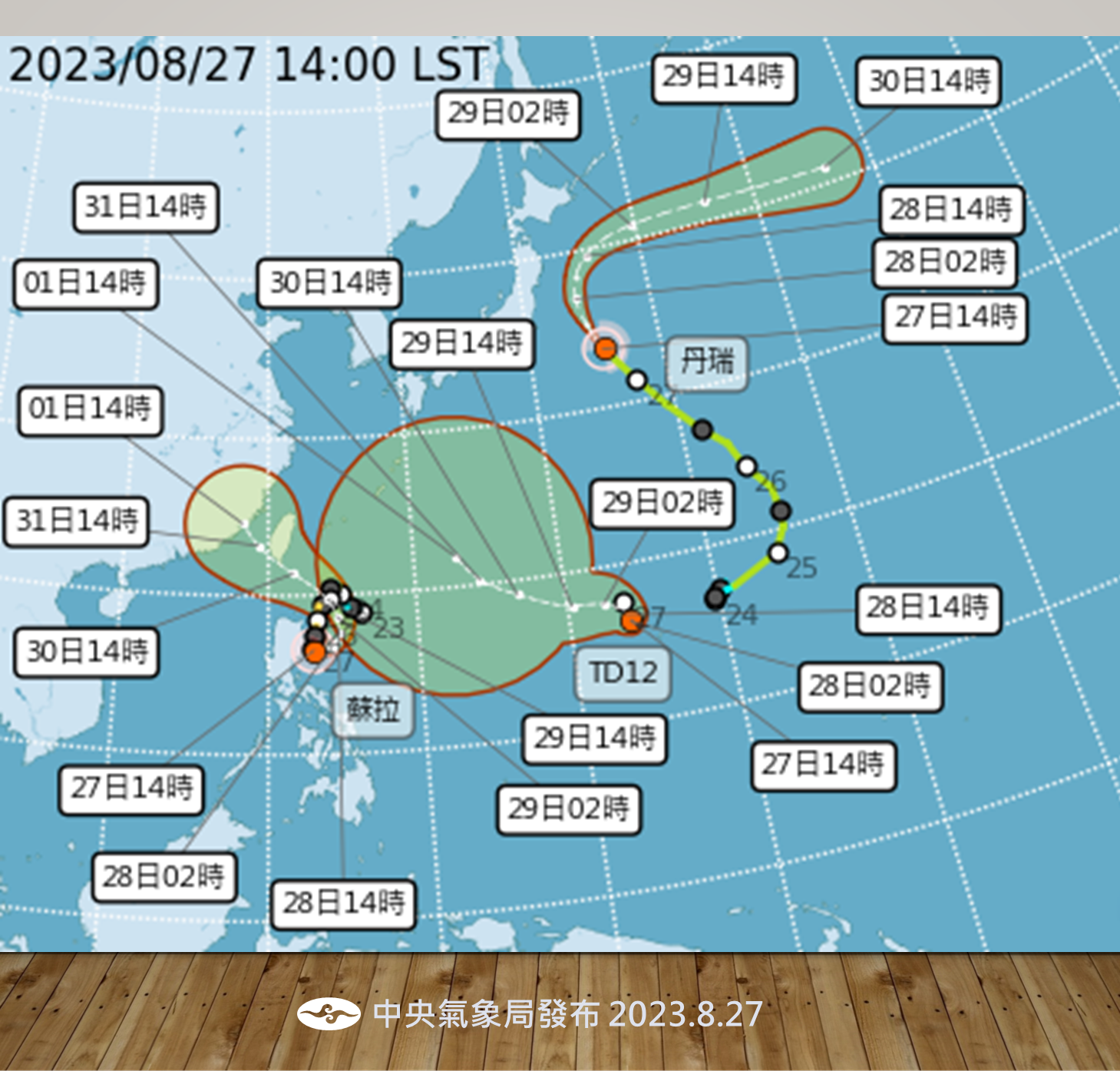 ▲▼蘇拉颱風及其他熱帶系統最新路徑。（圖／氣象局）