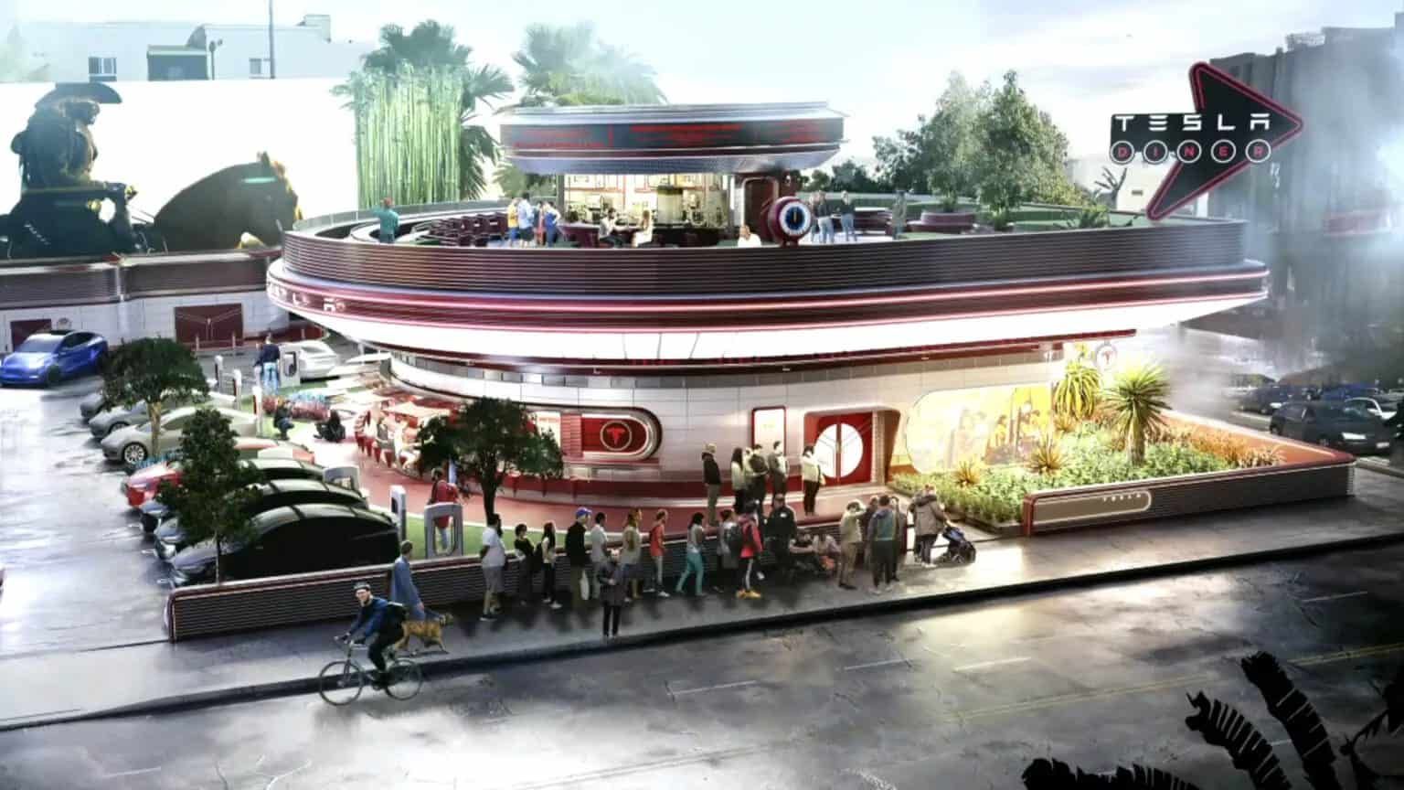 ▲▼特斯拉構想出豪華充電站，擁有附屋頂座位的餐廳、電影院。（圖／翻攝自Tesla）