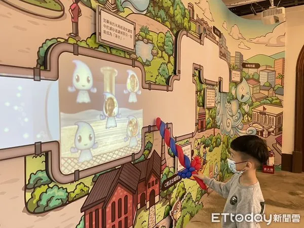 ▲台南市文化局在山上花園水道博物館C館（送出唧筒室），導入AR科技，規劃互動投影劇場「水旅程–水太郎的秘密基地」，讓民眾化身為可愛的水滴寶寶「水太郎」，體驗從原水變成淨水的旅程。（圖／記者林東良翻攝，下同）