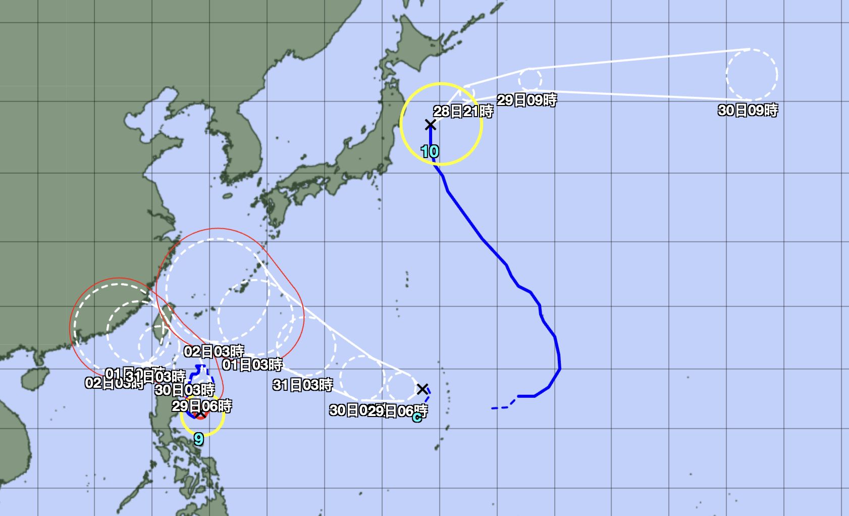 ▲由左至右分別是颱風蘇拉、海葵、丹瑞。（圖／翻攝自日本氣象廳）