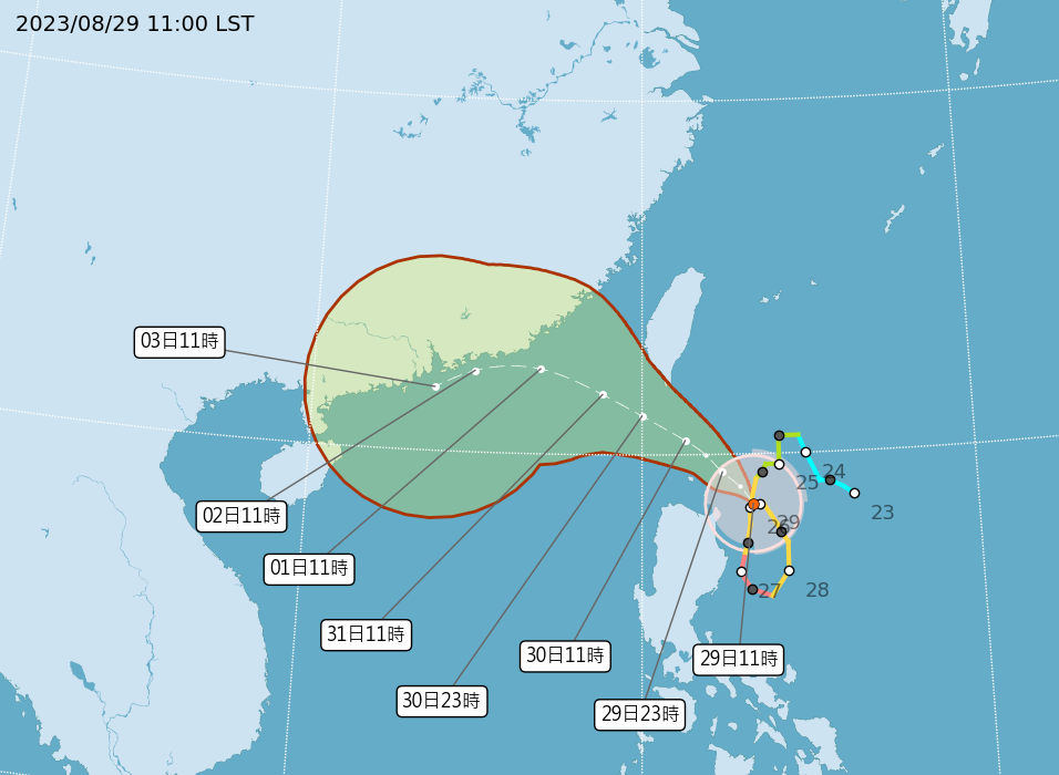 ▲▼蘇拉颱風11時的最新位置及路徑預測。（圖／氣象局）