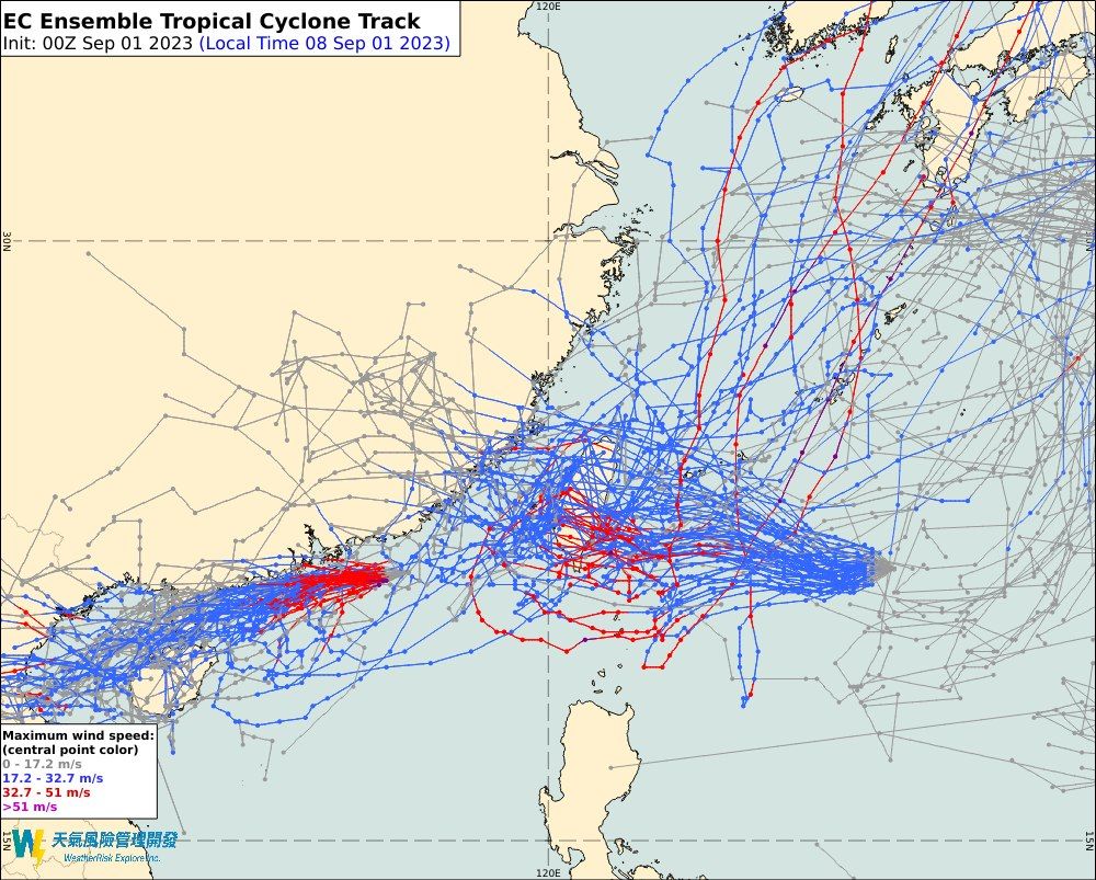 ▲▼海葵颱風最新系集預報路徑。（圖／翻攝自粉專「天氣風險 WeatherRisk」）