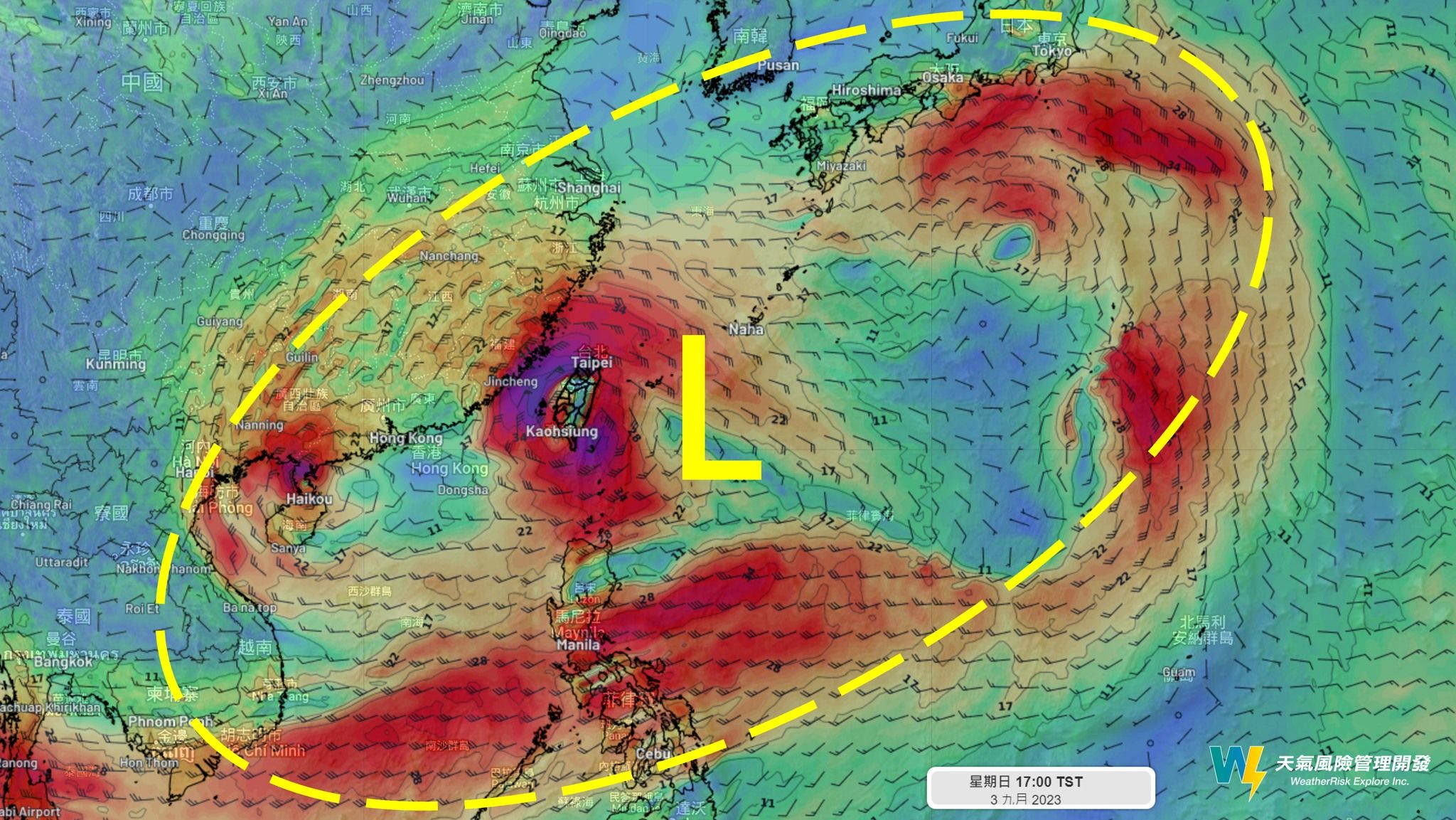 ▲▼台灣附近就位於這個超大型的「季風環流圈」中心。（圖／取自「天氣風險 WeatherRisk」臉書）