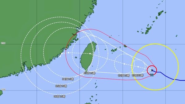 ▲▼JMA日本氣象廳最新出爐的路徑顯示，未來海葵登陸台灣後，可能在台灣海峽陷入「鞍型場」，滯留1至2天。（圖／翻攝自氣象粉專「觀氣象看天氣」）
