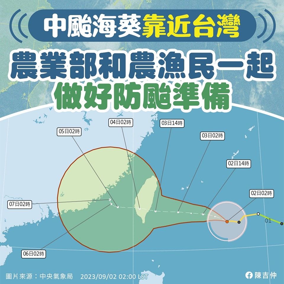 ▲▼農業部長陳吉仲再臉書提醒，中颱海葵靠近台灣， 農業部和農漁民一起做好防颱準備。（圖／農業部提供）