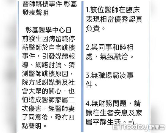 ▲彰基醫師墜樓身亡，院方發表聲明。（圖／彰基提供）