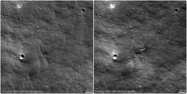 ▲▼ NASA發出2020年6月與今年8月對比照，發現月球1個新的小坑洞。（圖／路透）