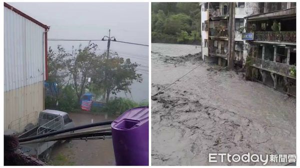 ▲仁愛鄉風強雨驟、還短暫出現冰雹，廬山溫泉區旁塔羅灣溪再度暴漲。（圖／仁愛鄉公所提供，下同）