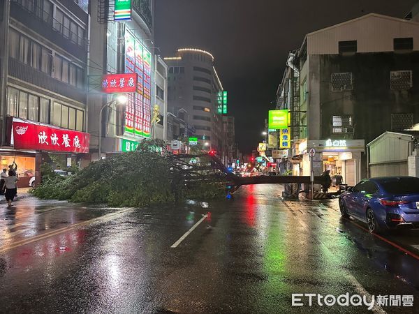 ▲中度颱風海葵襲台，3日晚上，台南市中西區傳出南門路原市長官邸前人行道路樹倒塌、仁愛街民宅鐵皮脫飛、搖晃、民族路二段樹倒，二分局馬上派員查處，幸好無人員傷亡。（圖／記者林東良翻攝，下同）