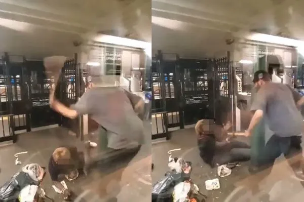 老婦地鐵站遭男暴打50下　打到手杖斷裂「沒人幫忙」冷血片曝光。（圖／翻攝自推特）