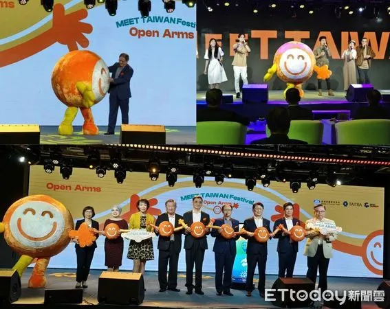 ▲左上圖貿協秘書長王熙蒙與吉祥物擁抱；右上圖人聲合唱團熱力演出，下圖為貴賓大合照。（圖／記者張佩芬攝）