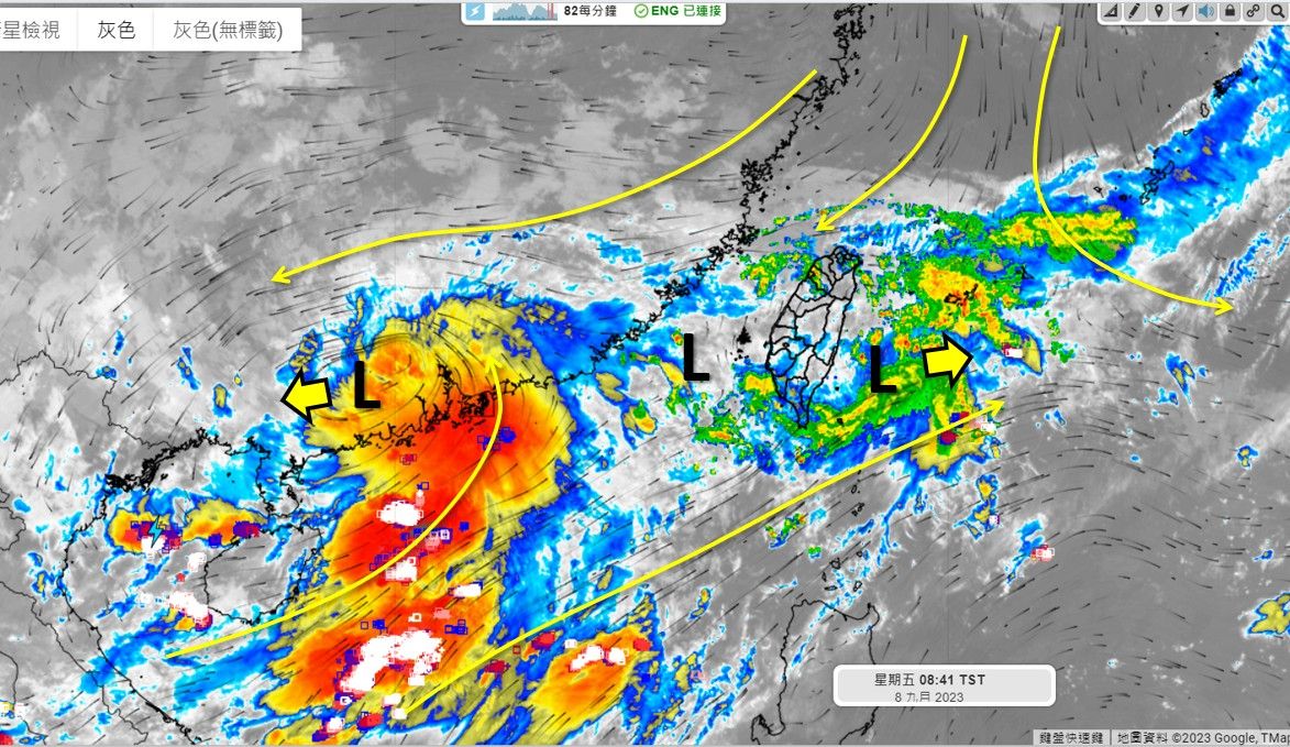 ▲▼低壓帶往西南西移動，南側拖帶大片雲雨帶不會往台灣過來。（圖／天氣職人吳聖宇）
