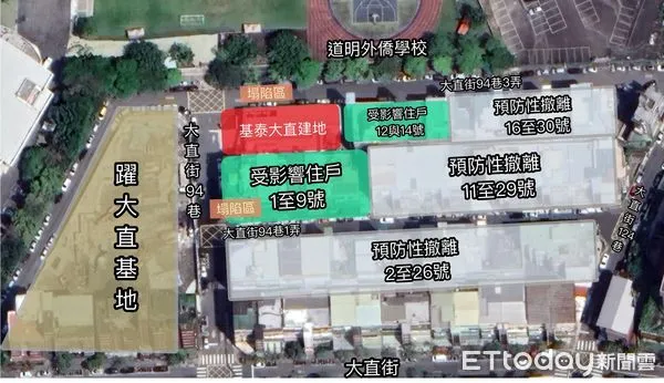 ▲▼大直民宅塌陷現場示意圖。（圖／記者詹宜庭製作）