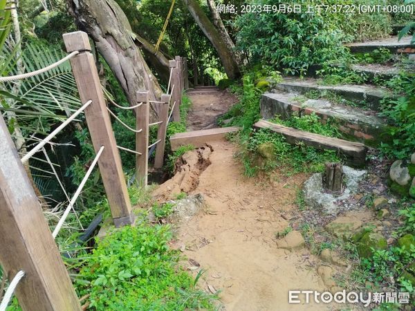 ▲雨彈狂炸，大坑2號及6號步道出現邊坡崩塌、木棧道傾斜情況。（圖／台中市政府提供）