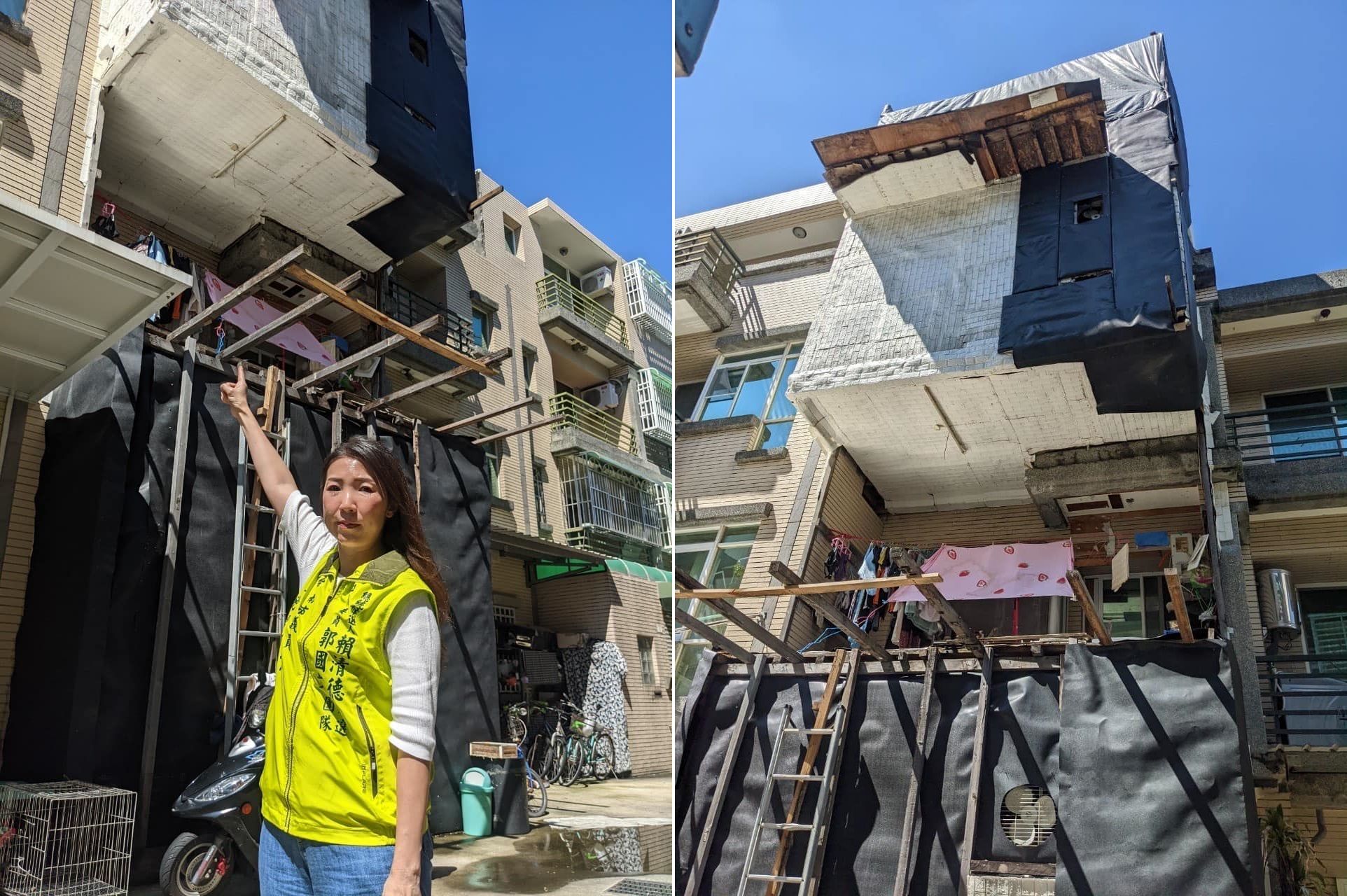 ▲台南有屋主將3層樓的民宅加蓋至5層樓，每當有颱風時，建材就會砸落地面。（圖／翻攝自Facebook／蔡麗青）