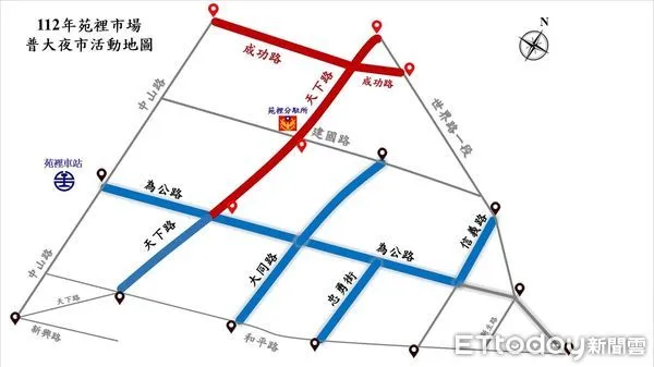 ▲▼警方公告9月13日苑裡「鬼門關夜市」交通管制範圍，藍線、紅線均為夜市活動街道，管制時間(12-23時)禁止汽車進入。（圖／通霄分局提供）