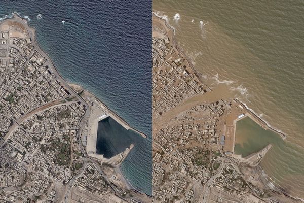 ▲▼利比亞洪水衛星對比照。（圖／路透）