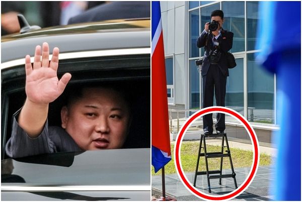 ▲▼北韓攝影師踩小梯子搶拍金正恩。左圖為2019年2月26日金正恩出訪越南河內。（圖／CFP、路透）