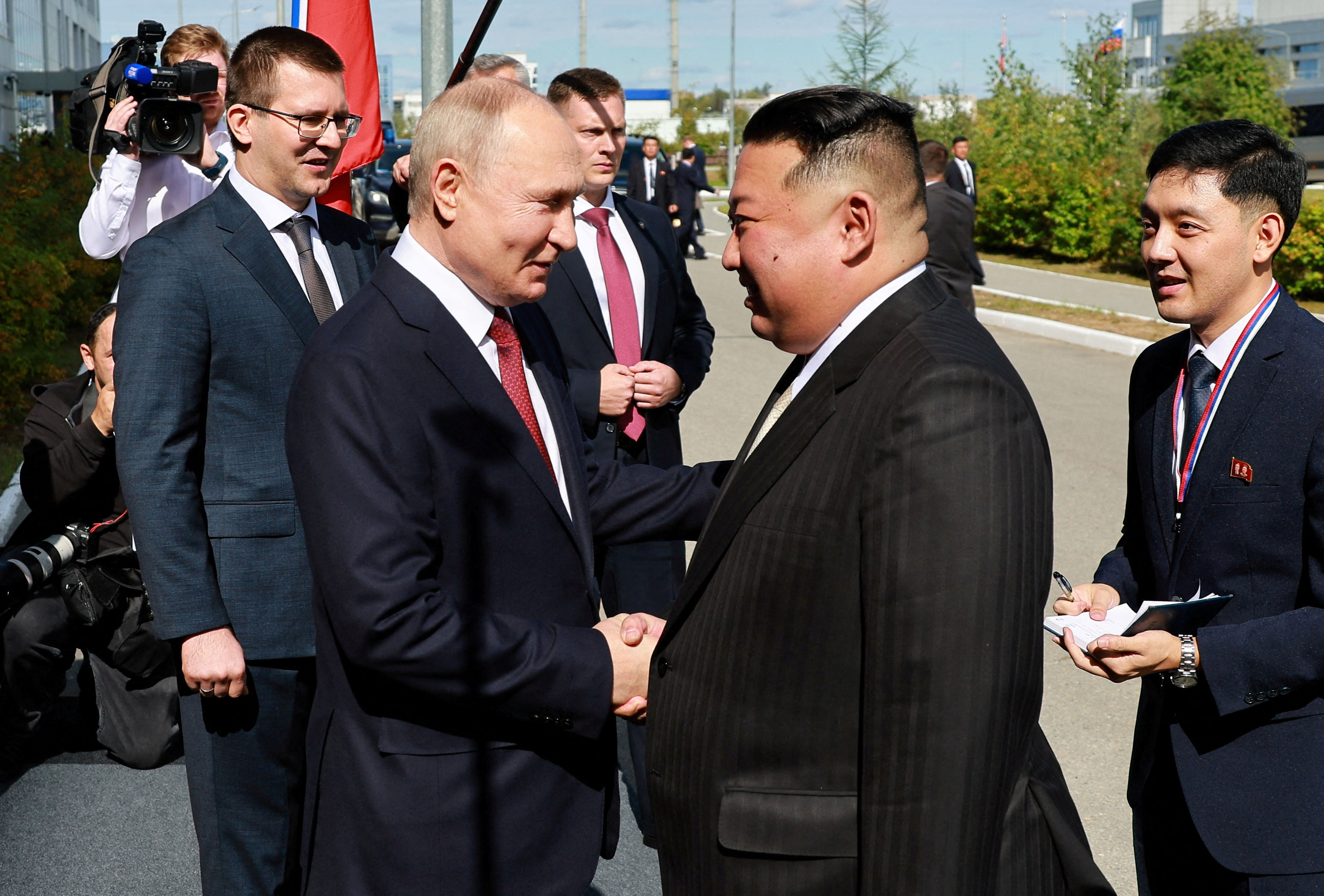 ▲北韓最高領導人金正恩出訪俄羅斯，與俄總統普丁進行會談。（圖／路透）