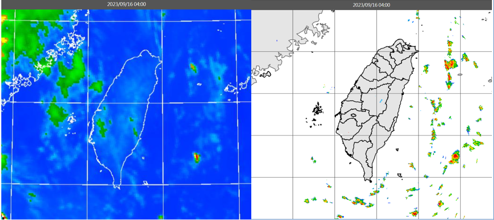 ▲▼今(16日)晨4時外線色調強化雲圖顯示，各地晴朗無雲(左圖)。4時雷達回波合成圖顯示，各地無回波(右圖)。（圖／三立準氣象.老大洩天機）