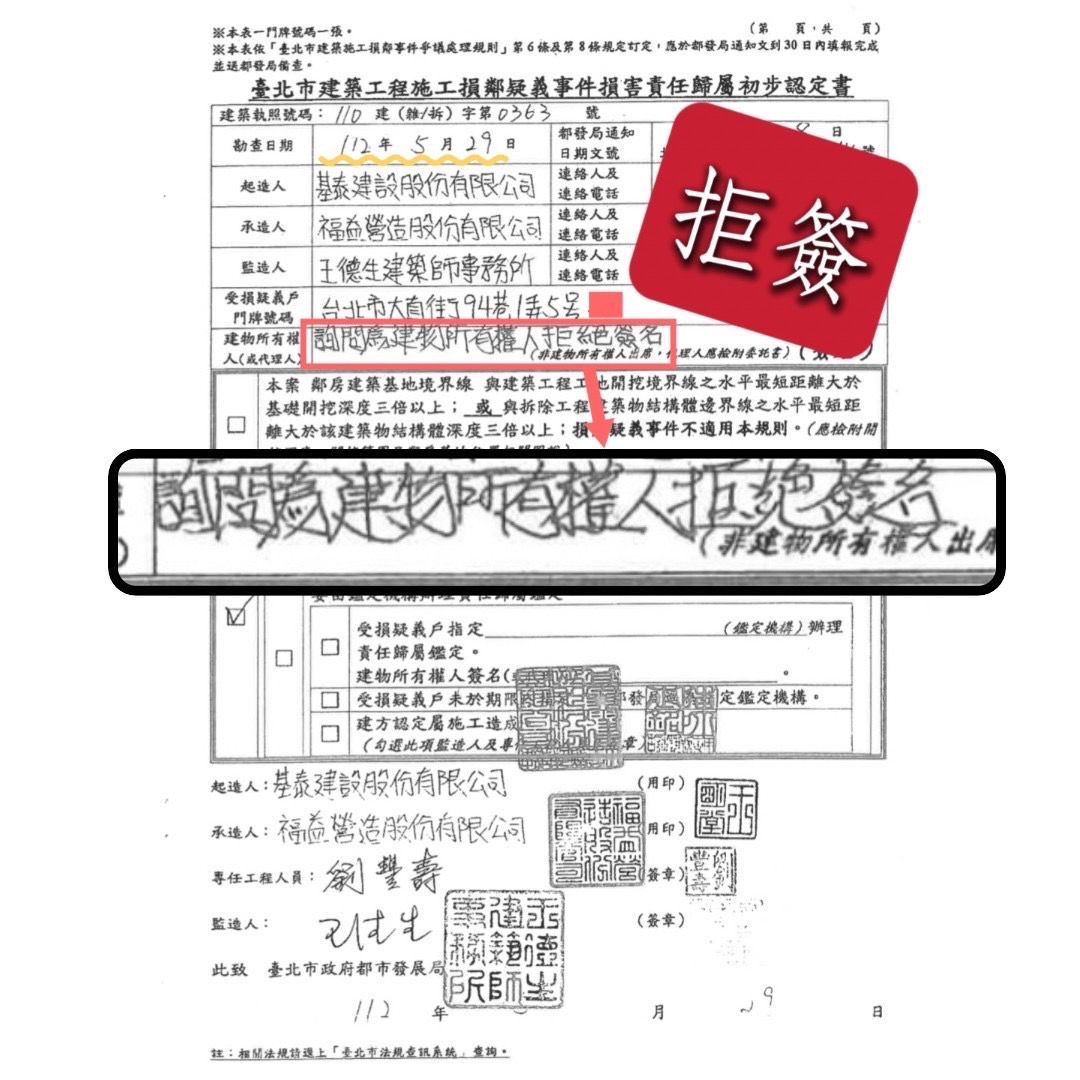 ▲▼許淑華曝光基泰建設工程損鄰，有高達9成住戶拒簽名背書的公文。（圖／台北市議員許淑華研究室提供）