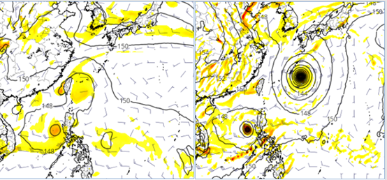 ▲▼最新(20日20時)歐洲(ECMWF左圖)及美國(GFS右圖)模式，28日20時模擬圖顯示，「西北太平洋」有兩個熱帶擾動活動的跡象，但各模式所模擬的生成時間及位置不斷調整，且差異仍大，需持續觀察。。（圖／三立準氣象.老大洩天機）