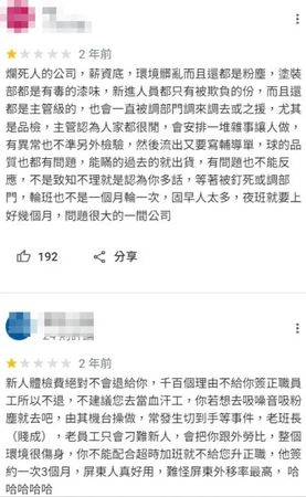 多位曾在明揚國際工作的民眾在Google評論區中指控該公司血汗苛刻。（翻攝自Google）