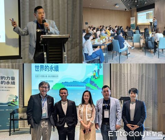 ▲上二圖薛煒立分享疫情中如何串連民間與政府資源振興觀光產業的成功案例；下圖南港老爺行旅陳進東總經理(左一)與南港老爺行旅總監洪郁甄(右一)、三立電視新聞部節目中心彭光偉組長(左二)、在一起永續科技公司薛煒立董事長(右二)、心之谷永續教育園區文蓓蓓創辦人(中)（圖／業者提供）