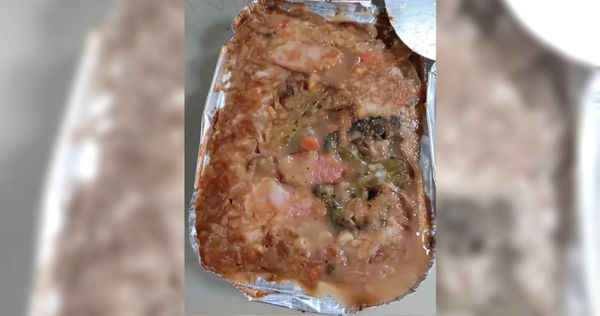 一名家長上傳了孩子的學校營養午餐照，讓許多網友直呼「像廚餘」。（圖／翻攝自臉書／匿名公社）