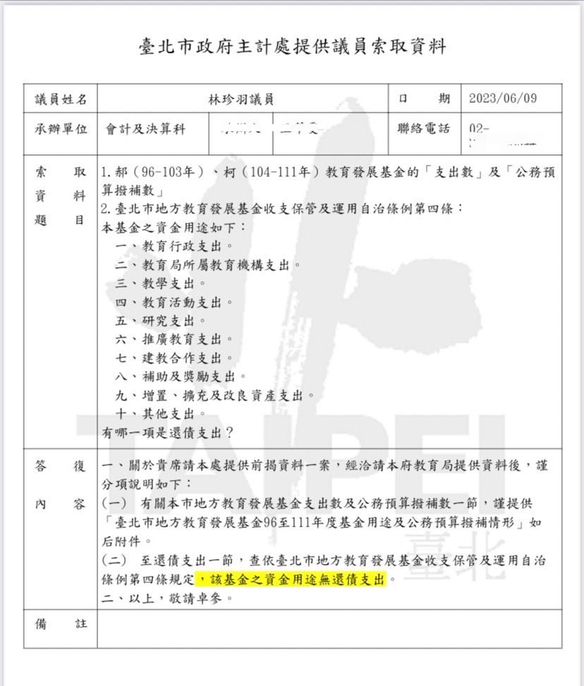 ▲▼台北市政府主計處表示，教育基金的資金用途無還債支出。（圖／民眾黨提供）