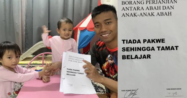 馬來西亞一名父親要求2個女兒大學畢業前不可以交男友，並且讓他們在「合約」上簽名，搞笑畫面引發網友熱議。（圖／翻攝TikTok＠abah_double_sumayyah）