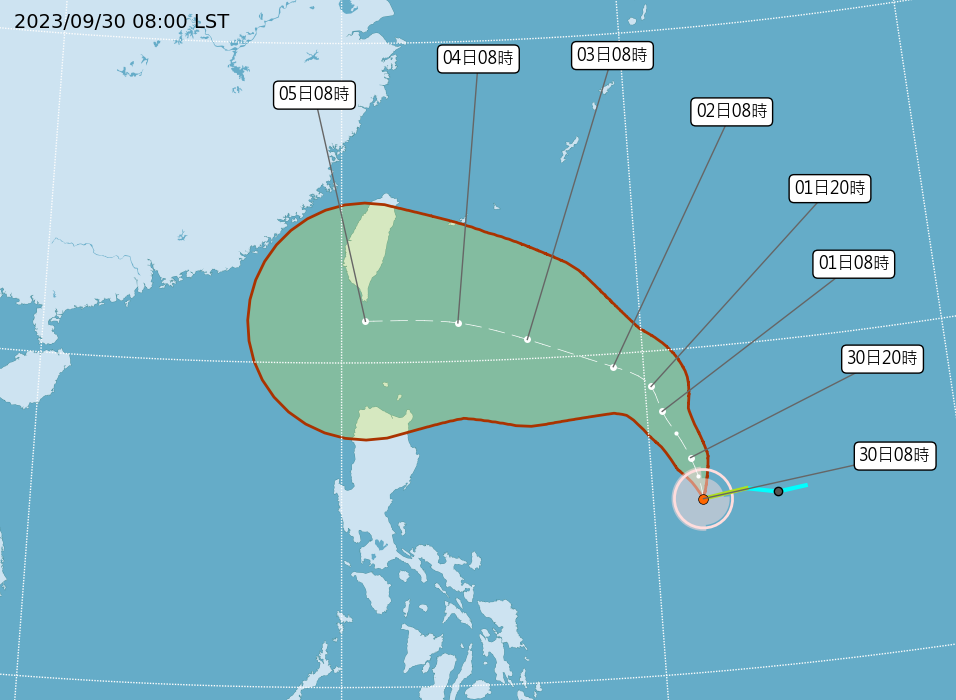▲▼小犬颱風上午8時最新位置及路徑預測。（圖／氣象署）
