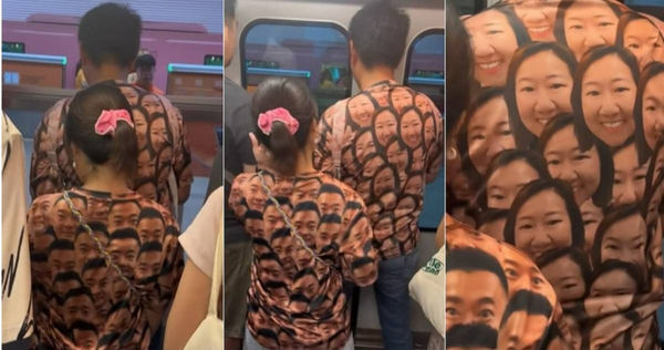 一名男子在搭新加坡地鐵發現，一對男女穿著印有疑似對方笑臉的情侶裝，不禁拍下此幕。（圖／翻攝自抖音／雨瀝）