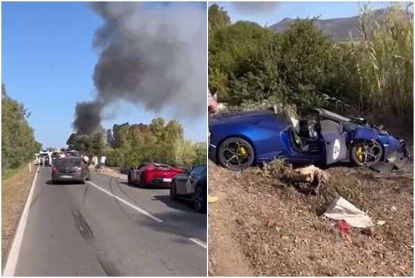 ▲▼義大利薩丁尼亞島（Sardinia）兩輛藍寶堅尼與法拉利超跑相撞，一對瑞士夫妻活活燒死。（圖／翻攝自YouTube、X）