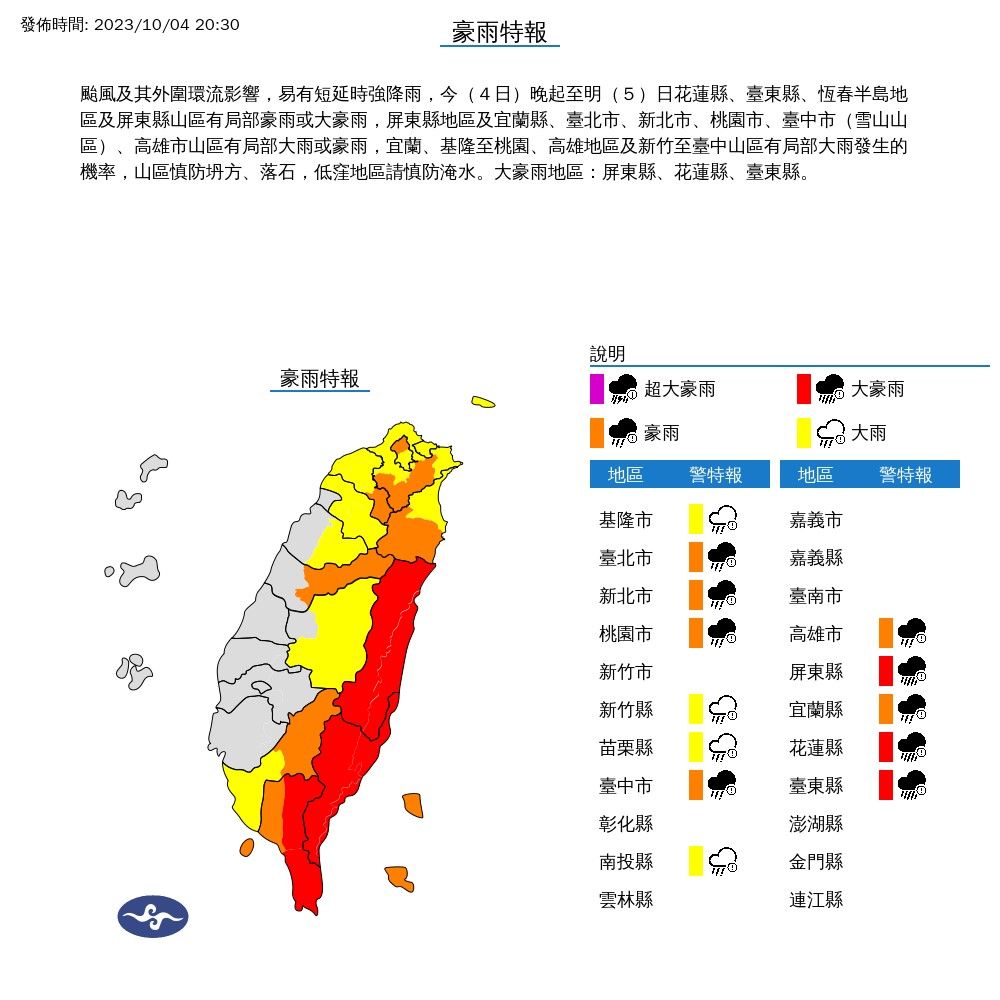 ▲▼中央氣象署針對台北市發布大雨及豪雨特報。（圖／台北市政府提供）