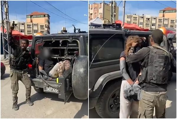 ▲▼一名據傳是以色列人的女子遭武裝分子強押上車，影片拍攝地點經美媒確認位在加薩地區。（圖／翻攝自X）