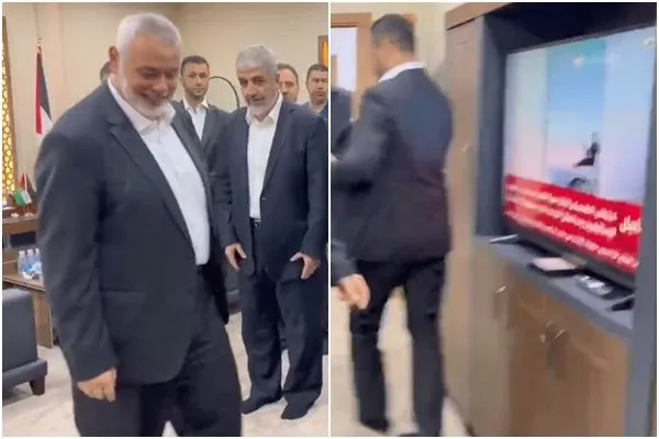 ▲▼「哈瑪斯」（Hamas）領袖哈尼亞（Ismail Haniyeh）被拍到在卡達辦公室裡慶祝對以色列的襲擊。（圖／翻攝自YouTube）